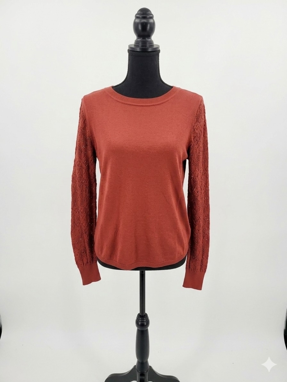 Women's Rust Lace-Sleeve Crewneck Sweater